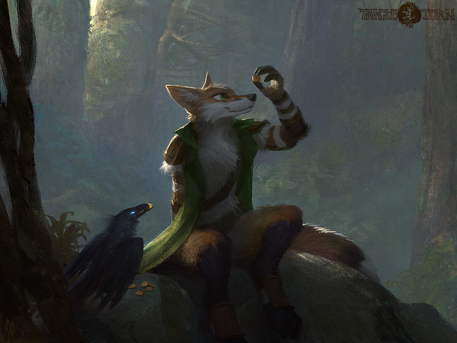 2019 4:3 ambiguous_gender anthro avian bird black_nose bottomless canid canine cloak clothed clothing coin corvid corvus_(genus) day detailed detailed_background digital_media_(artwork) dipstick_tail duo feral footwear forest fox fur green_eyes holding_object lofi looking_at_another male mammal multicolored_tail nature orange_fur outside raven sitting smile topless tree trell