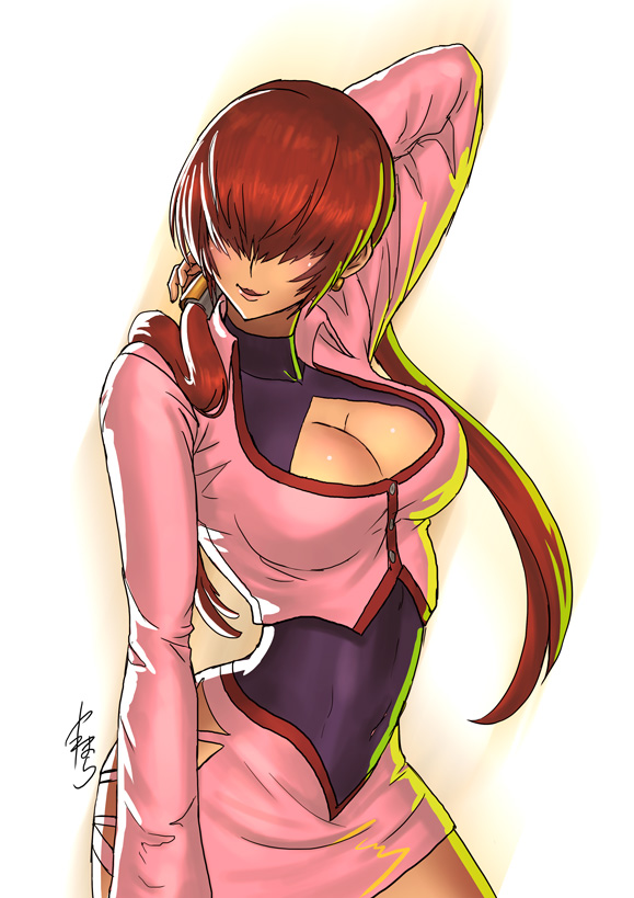 1girl breasts brown_hair cleavage cleavage_cutout commentary_request cropped_jacket earrings hair_over_eyes jewelry large_breasts long_hair miniskirt ponytail shermie skirt smile solo the_king_of_fighters twintails yamahara