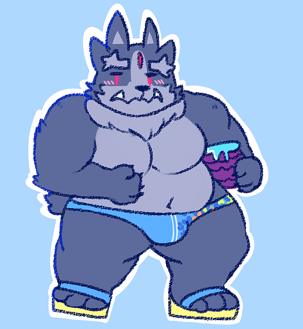 2019 anthro belly blue_background blush bulge clawzetto clothing humanoid_hands male moobs navel overweight overweight_male simple_background solo swimwear tokyo_afterschool_summoners tsathoggua video_games