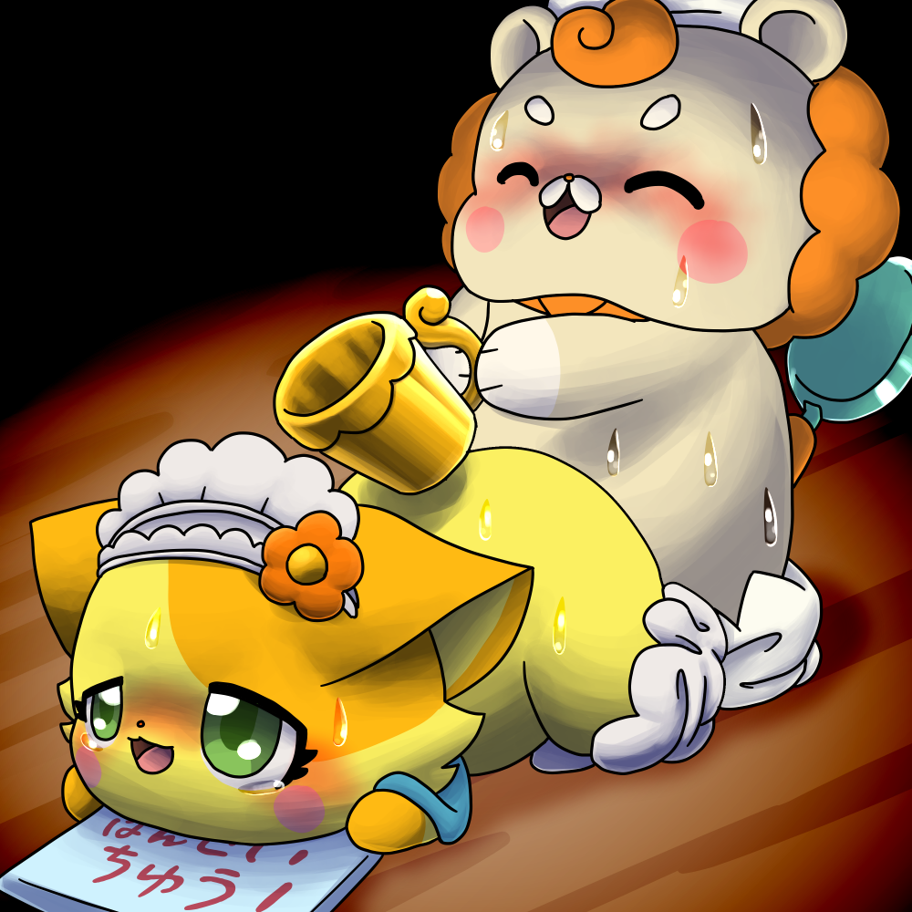 1:1 anthro anthro_on_anthro blush bodily_fluids chaco_(cocotama) chef_hat clothing cocotama cookware cup eyes_closed female flower frying_pan fur green_eyes hair hat hat_only headgear headwear hirake!_cocotama kitchen_utensils male male/female mammal mostly_nude open_mouth orange_hair pantonio_(cocotama) plant semi-anthro sex sign sweat tan_fur tea_cup tears tools yellow_fur 九尾