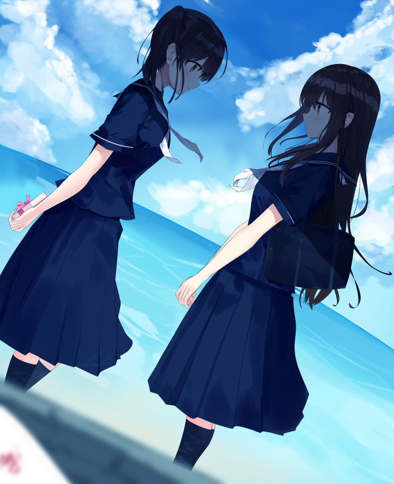 2girls akagi_(kantai_collection) bag black_legwear blue_shirt blue_skirt blush breasts brown_hair cloud commentary_request day japanese_clothes kaga_(kantai_collection) kantai_collection kneehighs large_breasts long_hair looking_at_another multiple_girls outdoors pleated_skirt school_uniform shirt short_hair short_sleeves side_ponytail skirt water zhiyou_ruozhe