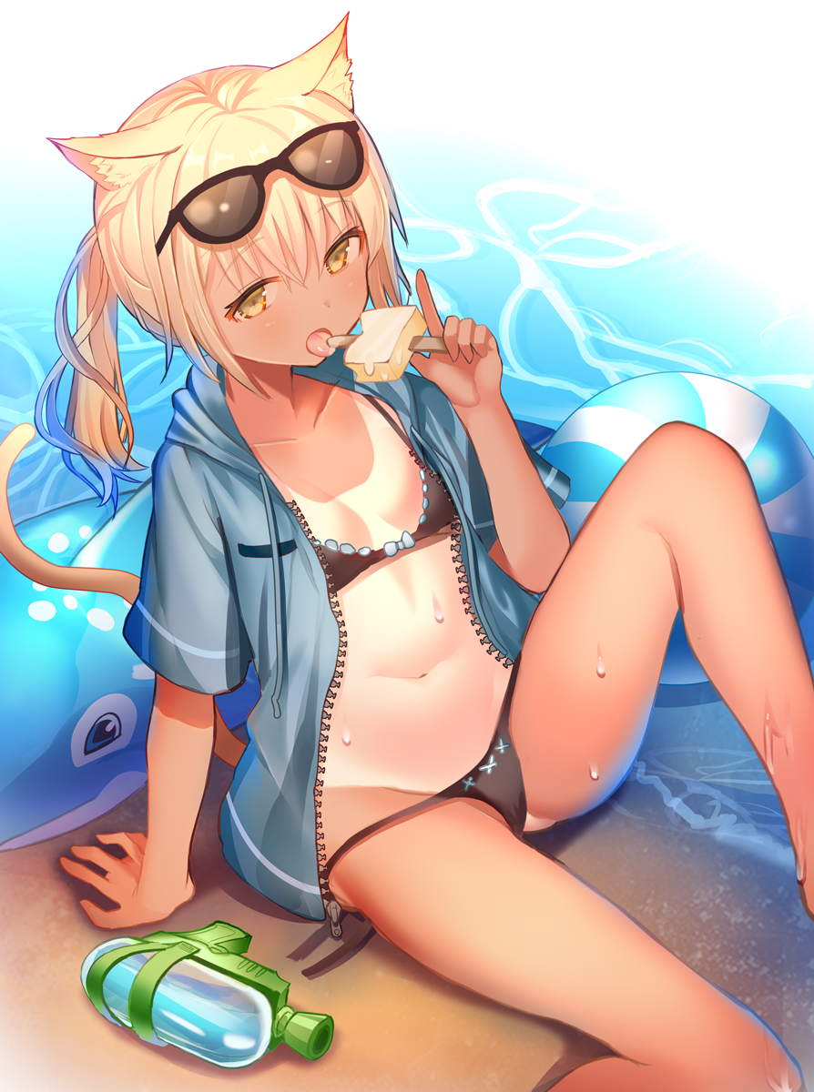 1girl animal_ear_fluff animal_ears ball beach beachball bikini bikini_under_clothes black-framed_eyewear black_bikini blonde_hair blue_jacket breasts cat_ears commentary_request drawstring eyewear_on_head food groin highres holding holding_food hood hood_down hooded_jacket jacket knee_up one-piece_tan open_clothes open_jacket original ponytail popsicle rk_(rktorinegi) sand short_sleeves sitting small_breasts solo sunglasses swimsuit tan tanline water wet