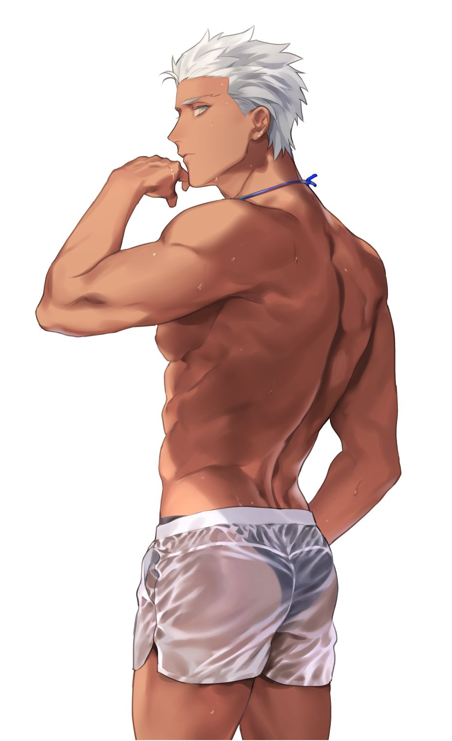1boy abs archer bare_chest brown_eyes chest dark_skin dark_skinned_male fate_(series) highres k29 looking_at_viewer male_focus male_swimwear muscle nipples see-through simple_background solo swimwear thighs wet wet_clothes white_background white_hair