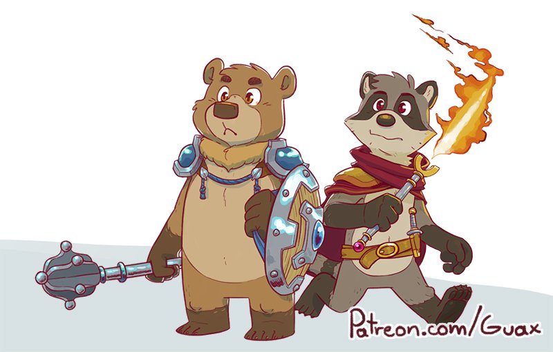 2019 anthro brown_fur duo fire fur guaxraccoon humanoid_hands male mammal melee_weapon procyonid raccoon shield sword ursid weapon