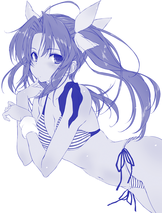 1girl ahoge bikini blue_theme breasts cleavage collarbone commentary_request cowboy_shot kagerou_(kantai_collection) kantai_collection long_hair looking_at_viewer medium_breasts monochrome navel side-tie_bikini simple_background solo striped striped_bikini swimsuit twintails yumesato_makura