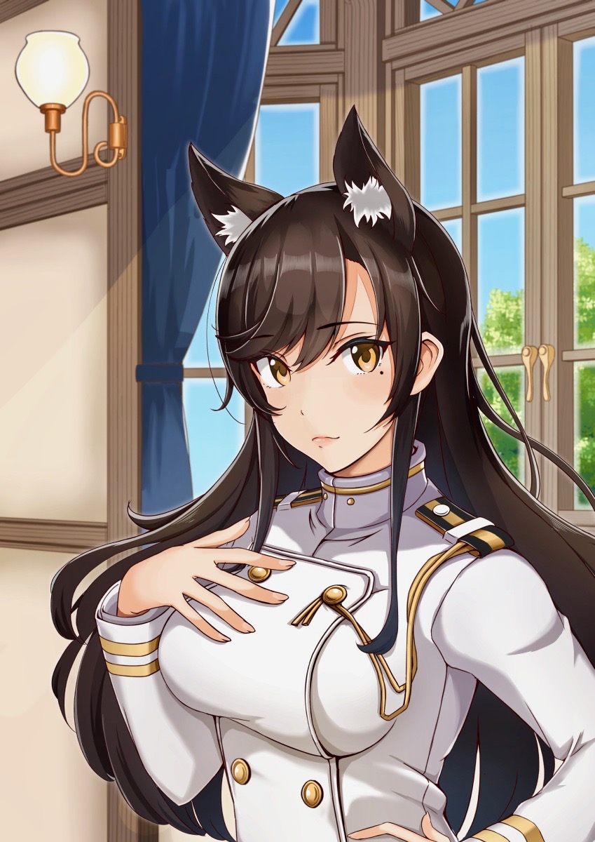 1girl animal_ears atago_(azur_lane) azur_lane bangs black_hair blue_sky breasts brown_eyes closed_mouth commentary_request curtains epaulettes extra_ears eyebrows_visible_through_hair hair_ribbon hand_on_own_chest high_collar highres indoors lamp large_breasts long_hair military military_uniform mole mole_under_eye nekkusu_(nex_06) ribbon sky solo swept_bangs tree uniform upper_body wall white_ribbon window