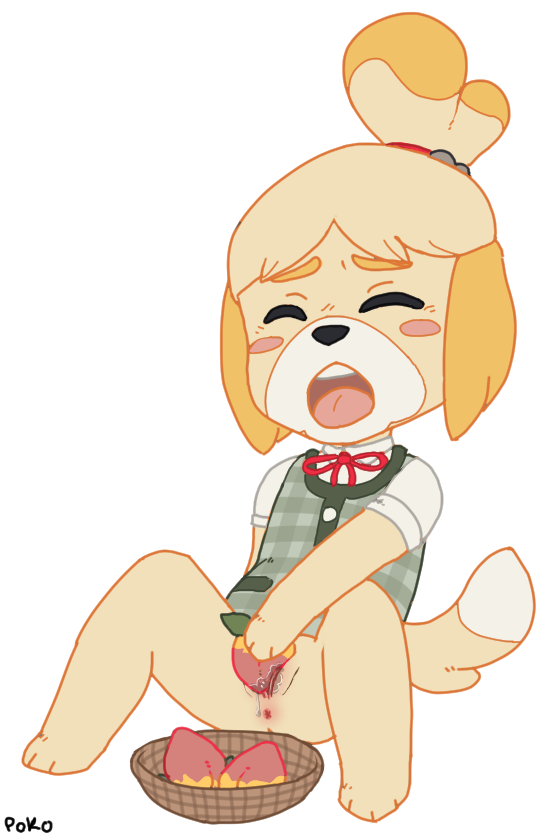 2016 abject animal_crossing anthro anus blush canid canine canis domestic_dog eyes_closed female food fruit improvised_sex_toy isabelle_(animal_crossing) mammal masturbation nintendo open_mouth peach_(fruit) plant pussy shih_tzu solo toy_dog video_games