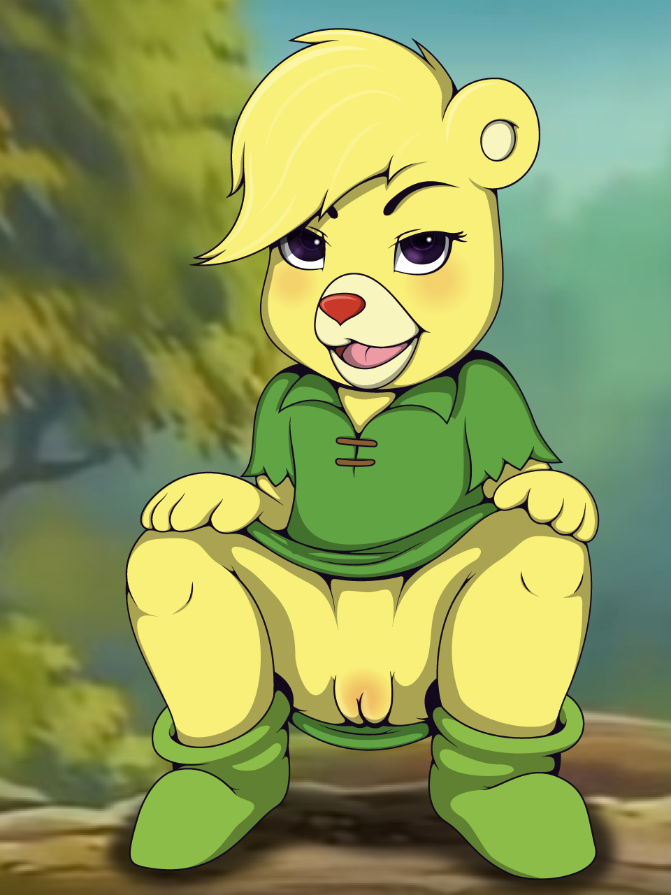 2019 anthro bedroom_eyes blonde_hair blush bottomless clothed clothing crouching cub day digital_media_(artwork) disney female fingers flashing flat_chested footwear fur green_clothing gummi_bears hair hair_over_eye half-closed_eyes hi_res infamousrel looking_at_viewer mammal open_mouth outside pokeandpenetrate presenting presenting_pussy pussy red_nose seductive shoes sky smile solo spread_legs spreading sunni_gummi tailless thick_thighs tongue tunic ursid ursine yellow_fur young