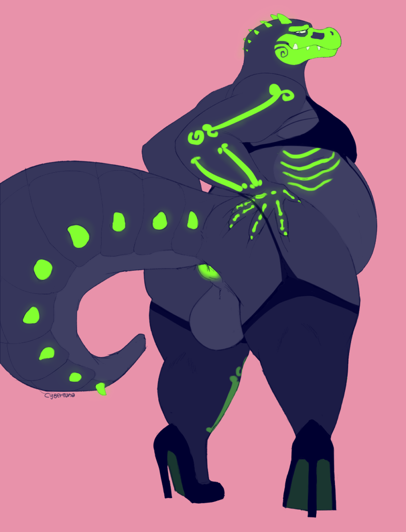 alligator alligatorid anthro anus balls black_skin clothed clothing crocodilian crossdressing cybertuna darkmor footwear green_anus hand_on_butt high_heels lingerie male markings marvol overweight overweight_male reptile scalie shoes signature simple_background solo