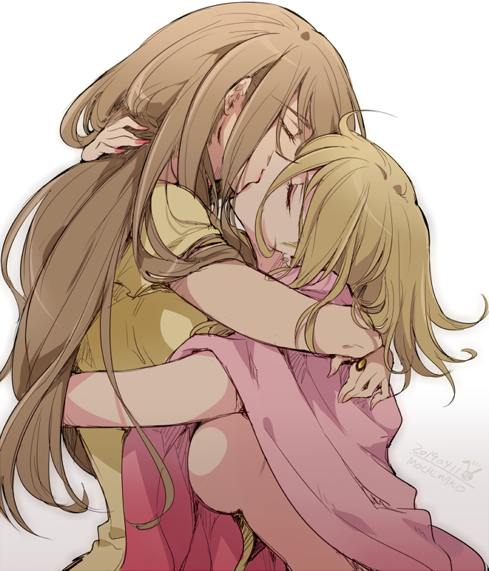 2girls arai_nobu artist_name blonde_hair breasts brown_hair closed_eyes commentary_request dated grey_background kiss long_hair medium_breasts multiple_girls original shirt short_hair short_sleeves t-shirt two-tone_background white_background yellow_shirt yuri