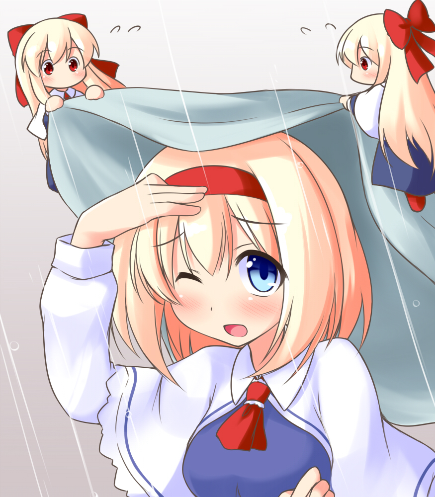 1girl alice_margatroid ascot blanket blonde_hair blue_dress bow breasts capelet commentary_request covering dress eyebrows_visible_through_hair flying grey_background hair_between_eyes hair_bow hairband hand_on_forehead long_hair medium_breasts miyo_(miyomiyo01) one_eye_closed open_mouth rain red_eyes red_neckwear shanghai_doll short_hair simple_background solo standing touhou white_capelet