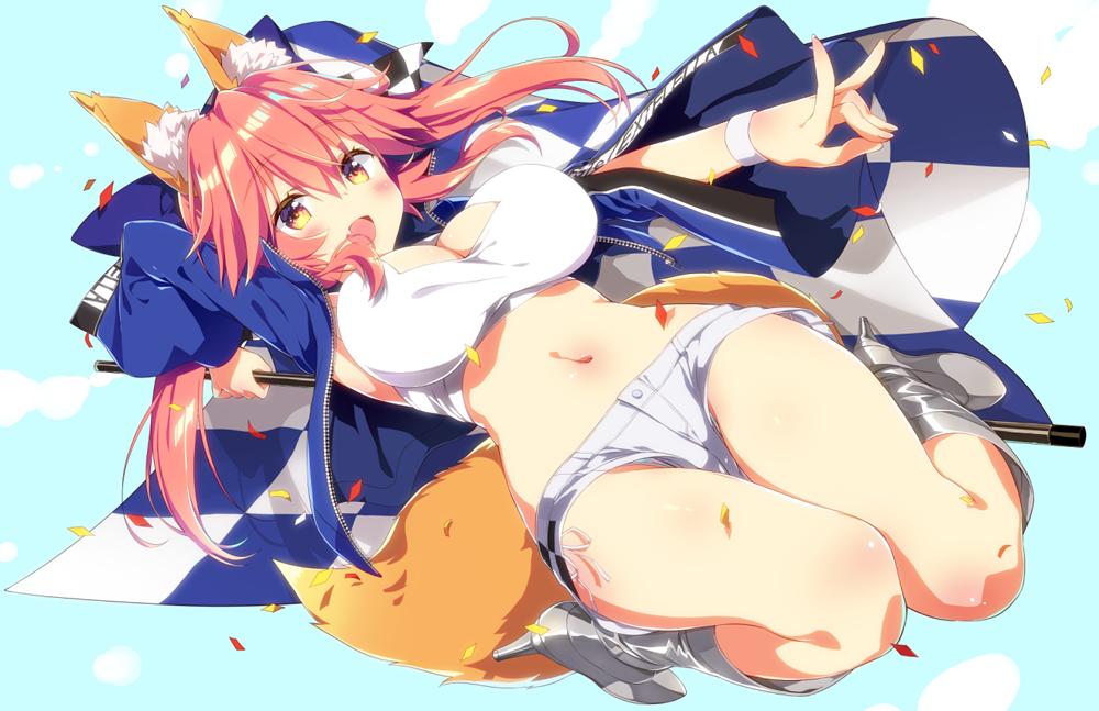 1girl :d animal_ear_fluff animal_ears arm_up armpit_peek blue_jacket boots bow breasts brown_eyes checkered cleavage commentary_request confetti crop_top fang fate/grand_order fate_(series) fox_ears fox_girl fox_tail grey_footwear hair_bow high_heel_boots high_heels jacket knee_boots large_breasts long_hair long_sleeves looking_at_viewer midriff navel open_clothes open_jacket open_mouth panties panty_peek pink_hair sasorigatame shirt short_shorts shorts sleeveless sleeveless_shirt smile solo tail tamamo_(fate)_(all) tamamo_no_mae_(fate) thighs underwear white_shirt white_shorts wristband zipper