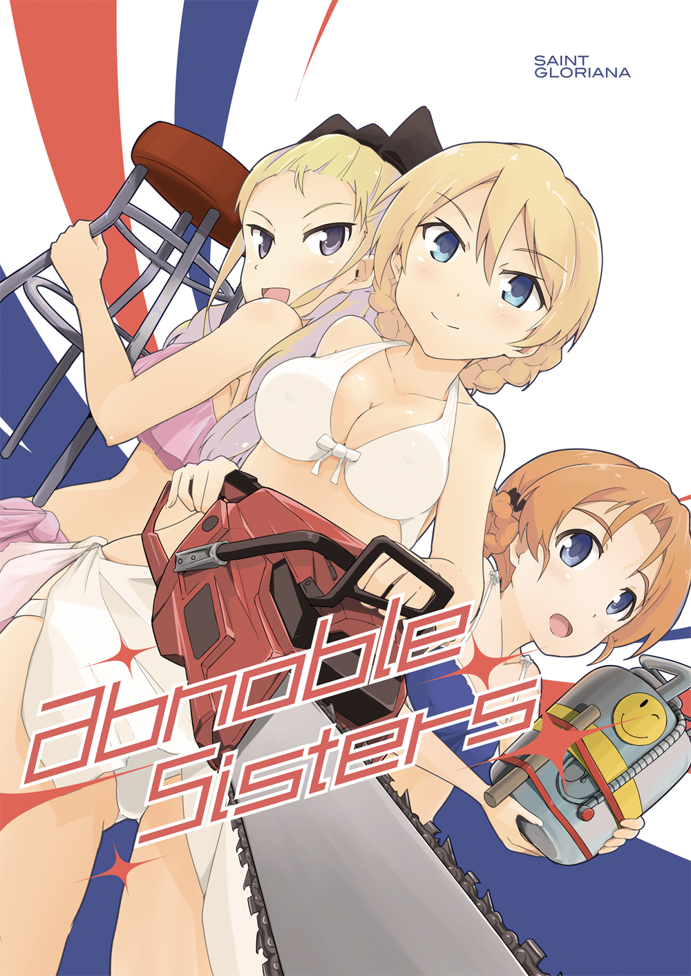 3girls ass_visible_through_thighs assam bangs bikini black_ribbon blonde_hair blue_bikini blue_eyes bow_bikini braid breasts chainsaw cleavage closed_mouth commentary_request darjeeling dutch_angle english_text eyebrows_visible_through_hair girls_und_panzer hair_pulled_back hair_ribbon highres holding holding_weapon long_hair looking_at_viewer medium_breasts multiple_girls open_mouth orange_hair orange_pekoe parted_bangs propane_tank purple_bikini purple_sarong ribbon sarong short_hair shuiro_(frog-16) smile sparkle standing stool swimsuit tied_hair twin_braids weapon white_bikini white_sarong