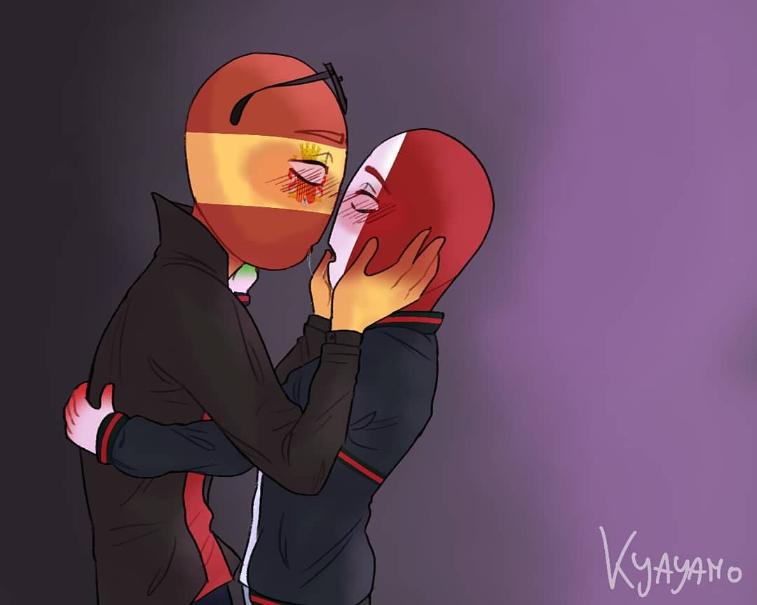 5:4 blush bodily_fluids clothed clothing countryhumans embrace eyewear hug human human_only italy kissing kyayamo male male/male mammal not_furry saliva saliva_string spain sunglasses