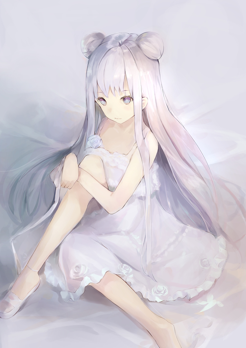 1girl azur_lane bangs bare_arms bare_shoulders blue_eyes blush closed_mouth commentary_request double_bun dress eyebrows_visible_through_hair flower frilled_dress frills hanagin highres knee_up le_malin_(azur_lane) long_hair rose shoes silver_hair sitting sleeveless sleeveless_dress solo very_long_hair white_dress white_flower white_footwear white_rose
