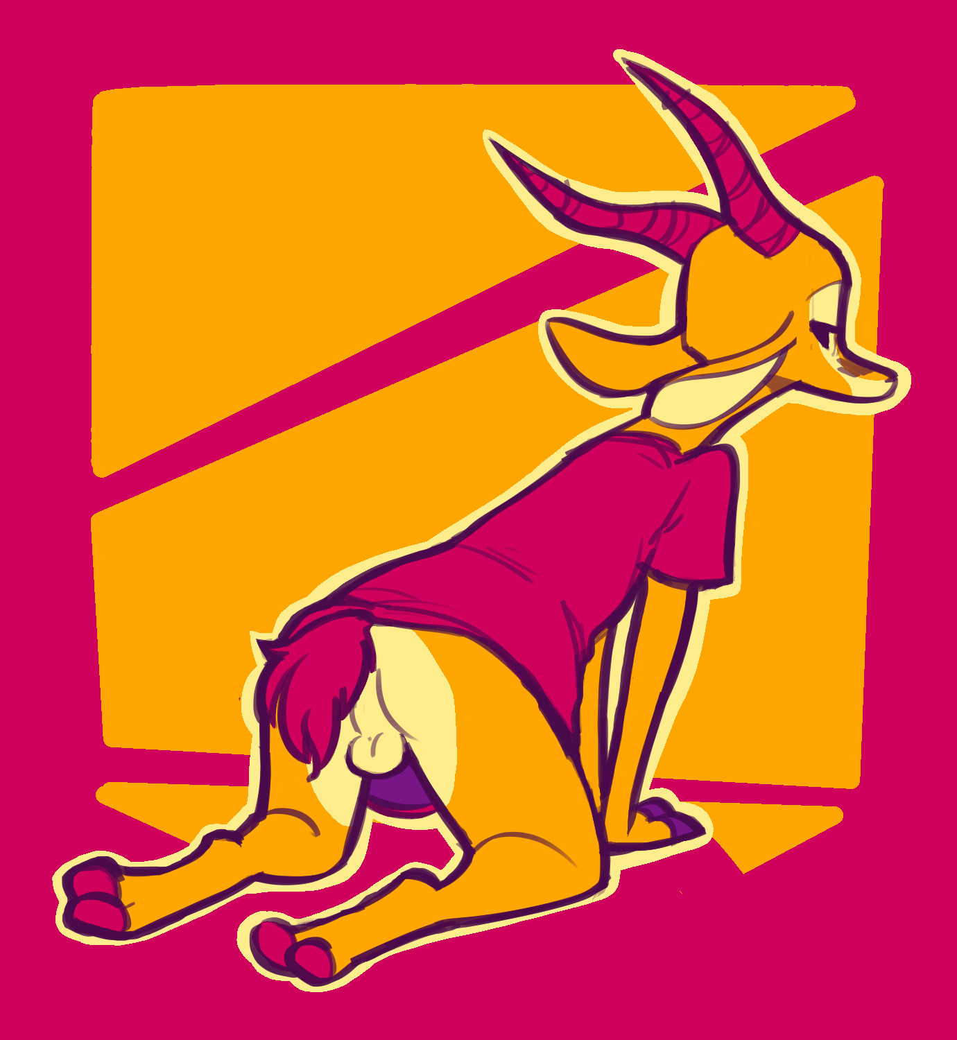 2019 abstract_background all_fours antelope anthro balls bottomless bovid clothed clothing facial_markings fuel_(artist) fuel_(character) gazelle head_markings hi_res horn looking_back male mammal markings orange_background outline rear_view red_background restricted_palette simple_background solo