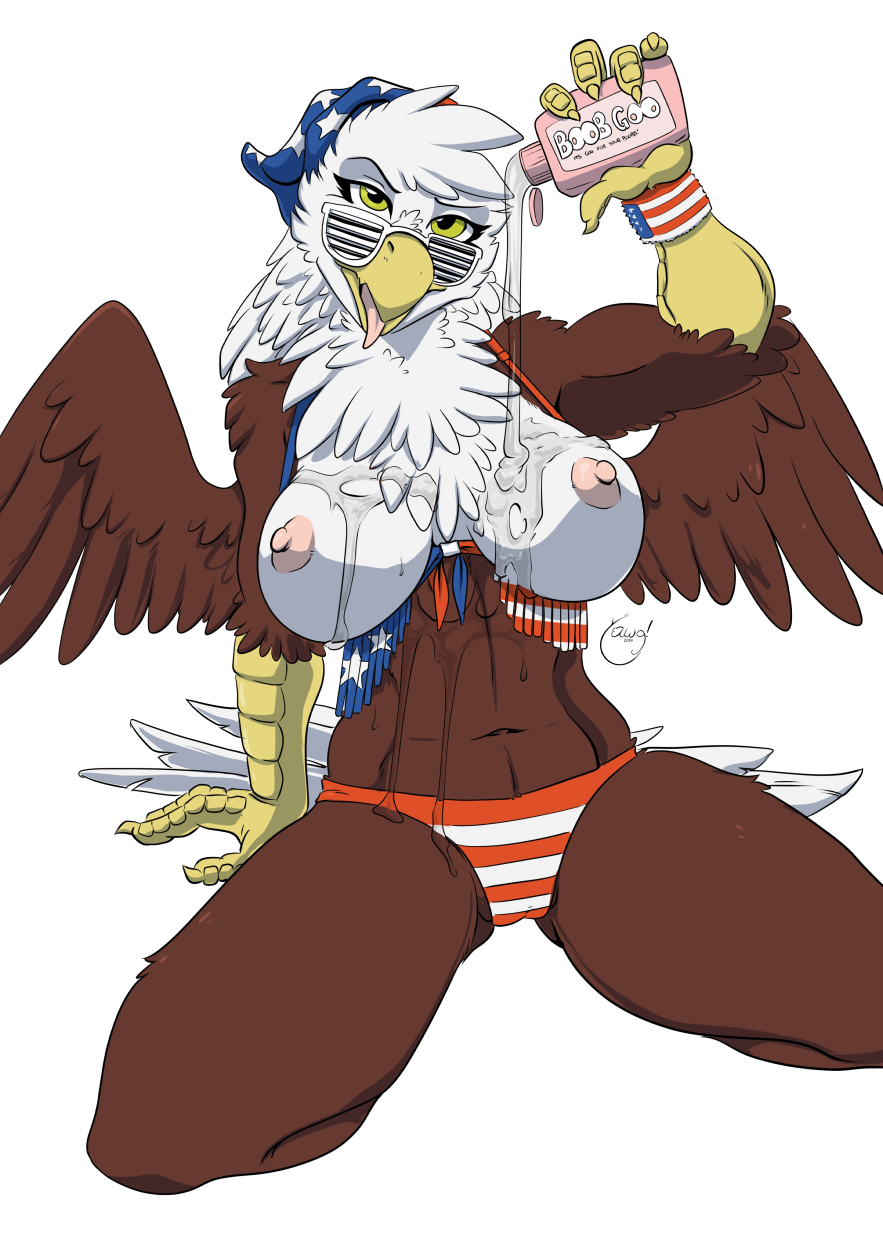 accipitrid accipitriform anthro avian beak bikini bird breasts camel_toe claws clothing eagle eyewear female glasses headgear headwear hi_res kneeling looking_at_viewer lube navel nipples open_mouth smile solo stars_and_stripes sunglasses swimwear tongue tongue_out united_states_of_america wings yawg yellow_eyes
