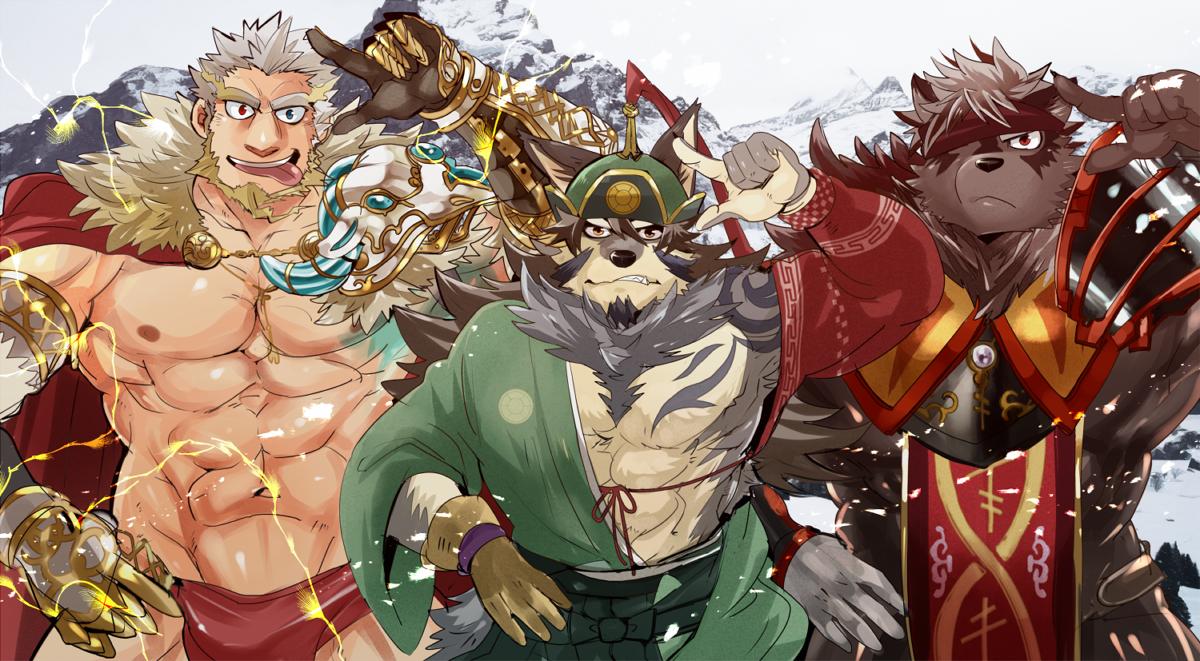 2019 abs anthro biceps canid canine canis clothing fur group human male mammal multicolored_fur muscular muscular_male nipples ohayashi55 pecs tattoo temujin tokyo_afterschool_summoners video_games volkv_vseslav white_fur wolf