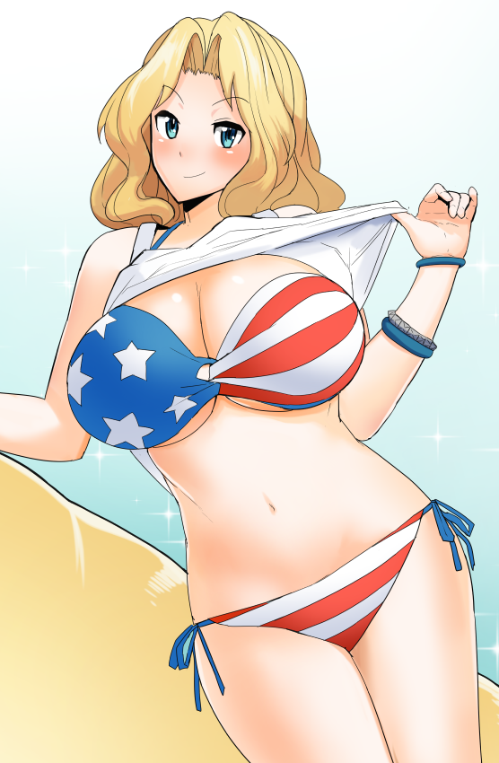 1girl american_flag_bikini arm_support bikini blonde_hair blue_eyes blush bracelet breasts cleavage closed_mouth flag_print girls_und_panzer hair_intakes head jewelry kay_(girls_und_panzer) large_breasts leaning_to_the_side lifted_by_self long_hair looking_at_viewer navel sasaki_tatsuya shirt shirt_lift side-tie_bikini smirk solo sparkle standing swimsuit tank_top thighs white_shirt