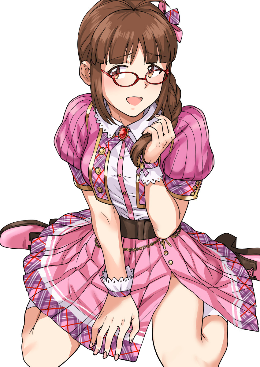 1girl :d akizuki_ritsuko antenna_hair bow braid brown_eyes brown_hair dress_shirt glasses hair_bow hair_over_shoulder highres idolmaster idolmaster_(classic) idolmaster_stella_stage kneehighs long_hair looking_at_viewer miniskirt open_mouth pink_bow pink_footwear pink_skirt pink_sleeves pleated_skirt red-framed_eyewear shirt short_sleeves side_slit simple_background single_braid sitting skirt smile solo striped_sleeves tsurui wariza white_background white_legwear white_shirt