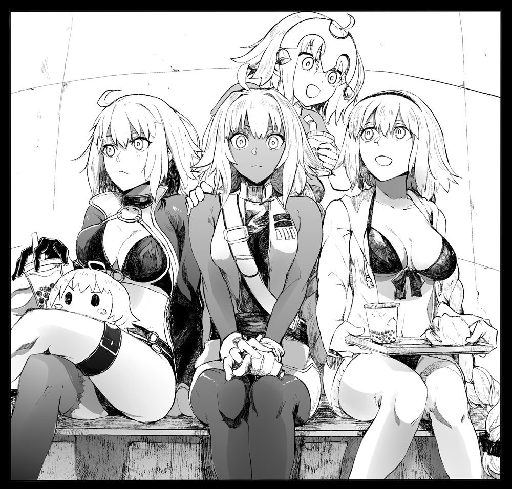 4girls ahoge bangs bare_shoulders bikini breasts bubble_tea cleavage commentary_request cup fate/apocrypha fate/grand_order fate_(series) gloves greyscale hair_ornament hair_scrunchie hairband hand_on_another's_shoulder holding holding_tray jeanne_d'arc_(alter_swimsuit_berserker) jeanne_d'arc_(fate)_(all) jeanne_d'arc_(swimsuit_archer) jeanne_d'arc_alter_santa_lily lakshmibai_(fate/grand_order) large_breasts long_hair look-alike looking_at_another looking_at_viewer monochrome multiple_girls multiple_persona open_mouth scrunchie short_hair sitting swimsuit syatey tray