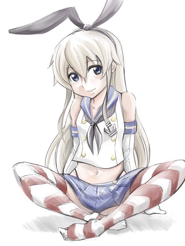 1girl anchor_hair_ornament black_hairband black_neckwear black_panties blonde_hair blue_sailor_collar blue_skirt crop_top elbow_gloves full_body gloves grey_eyes hair_ornament hairband highleg highleg_panties indian_style inoue_kousei kantai_collection long_hair looking_at_viewer microskirt miniskirt neckerchief panties sailor_collar shimakaze_(kantai_collection) sitting skirt sleeveless smile solo striped striped_legwear thighhighs underwear white_background white_gloves