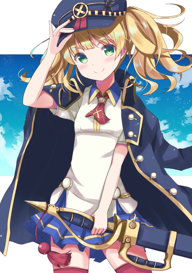 1girl adjusting_clothes adjusting_hat akiyasu blonde_hair cloud commentary_request green_eyes hat long_coat medium_hair monica_weisswind princess_connect! princess_connect!_re:dive sky smile solo sword thighhighs twintails weapon