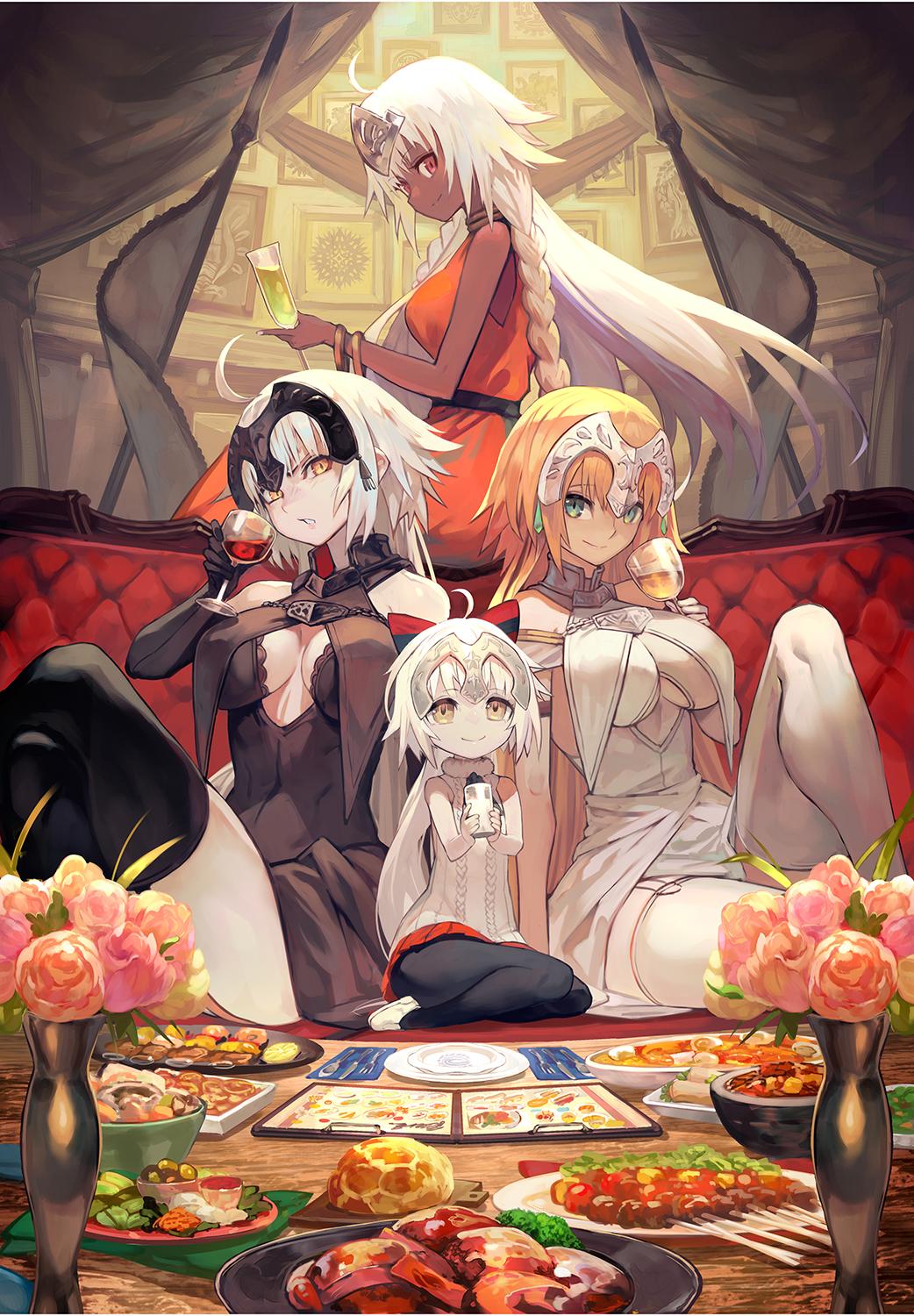 4girls ahoge blonde_hair blue_eyes braid bread breasts brown_eyes champagne_flute couch crossed_legs cup curtains cutlery dark_skin drinking_glass fate/grand_order fate_(series) flag flower_pot food highres jeanne_d'arc_(alter)_(fate) jeanne_d'arc_(fate) jeanne_d'arc_(fate)_(all) jeanne_d'arc_alter_santa_lily lack lakshmibai_(fate/grand_order) large_breasts long_hair meat menu milk multiple_girls pantyhose plate sitting sleeveless sleeveless_turtleneck smile thighhighs turtleneck white_hair wine_glass yellow_eyes