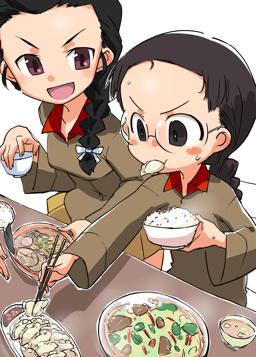 black_hair blush bowl braid chi-hatan_military_uniform chopsticks food food_on_face fukuda_(girls_und_panzer) girls_und_panzer hamahara_yoshio highres long_hair long_sleeves looking_at_another open_mouth plate red_eyes rice simple_background sitting smile sweatdrop tamada_(girls_und_panzer) v-shaped_eyebrows white_background