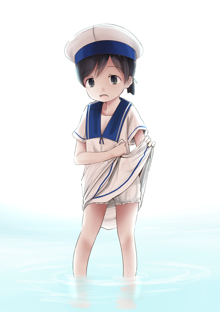 1girl bangs black_hair bloomers blue_sailor_collar dress dress_lift eyebrows_visible_through_hair grey_eyes hat hiburi_(kantai_collection) kantai_collection kurona lifted_by_self open_mouth reflection ripples sailor_collar sailor_dress sailor_hat solo standing underwear wading water white_background white_bloomers white_dress white_headwear
