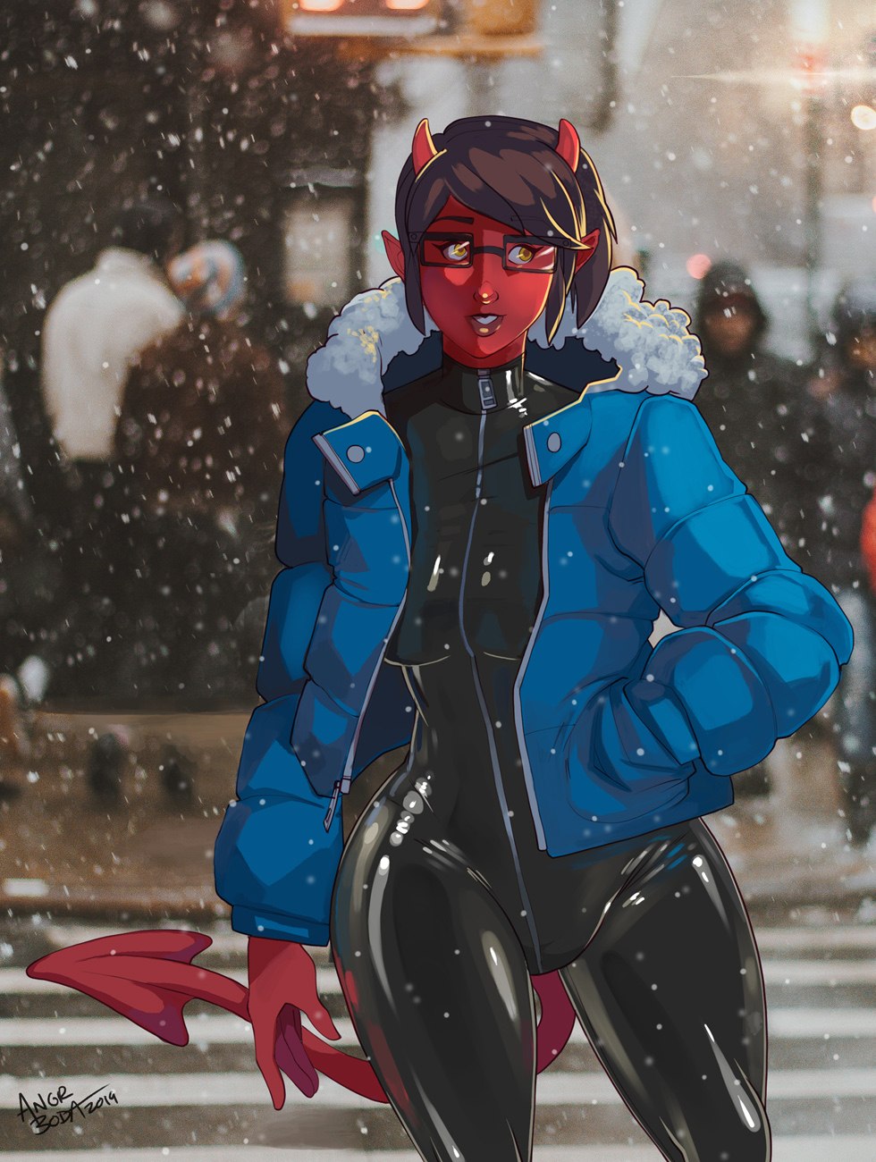 2019 ambiguous_gender angrboda black_hair bodysuit breasts clothing demon eyewear female glasses group hair hand_in_pocket hi_res horn human humanoid humanoid_pointy_ears jacket mammal not_furry outside photo_background pockets red_skin rubber rubber_suit short_hair skinsuit snow solo_focus spade_tail tight_clothing topwear wide_hips yellow_eyes