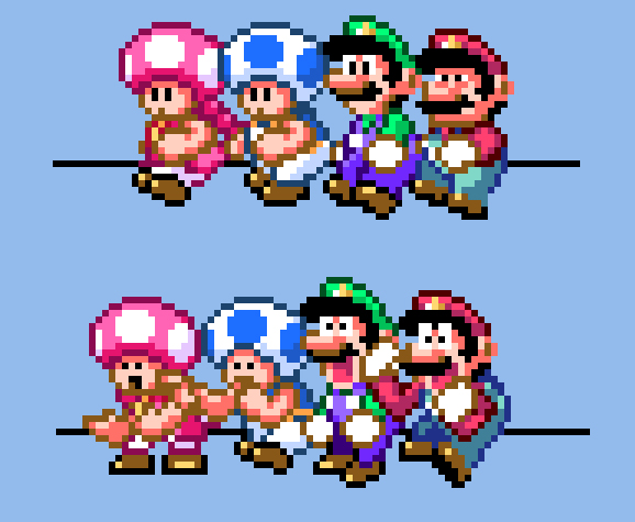 1girl 3boys black_eyes excited female fist gloves happy luigi male mario mario_(series) mario_bros meme mustache nintendo open_mouth overalls pixel_art shoes sitting super_mario_bros. super_mario_maker super_mario_maker_2 toad toad_(mario) toadette tongue