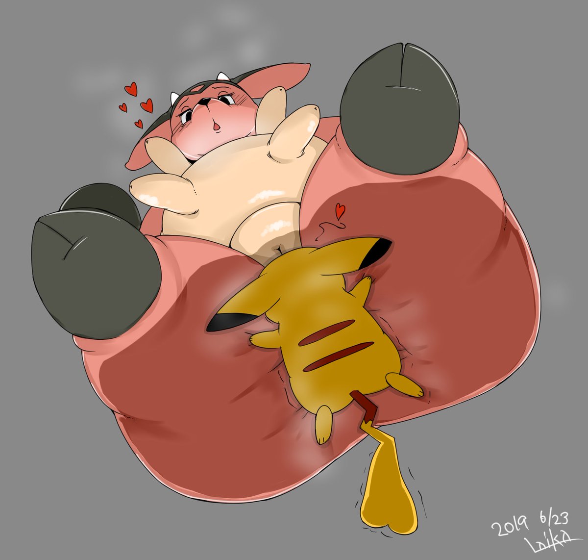 &lt;3 facesitting female female/female female_on_top mejiro_(artist) miltank nintendo on_top overweight overweight_female pikachu pok&eacute;mon pok&eacute;mon_(species) pussy size_difference video_games