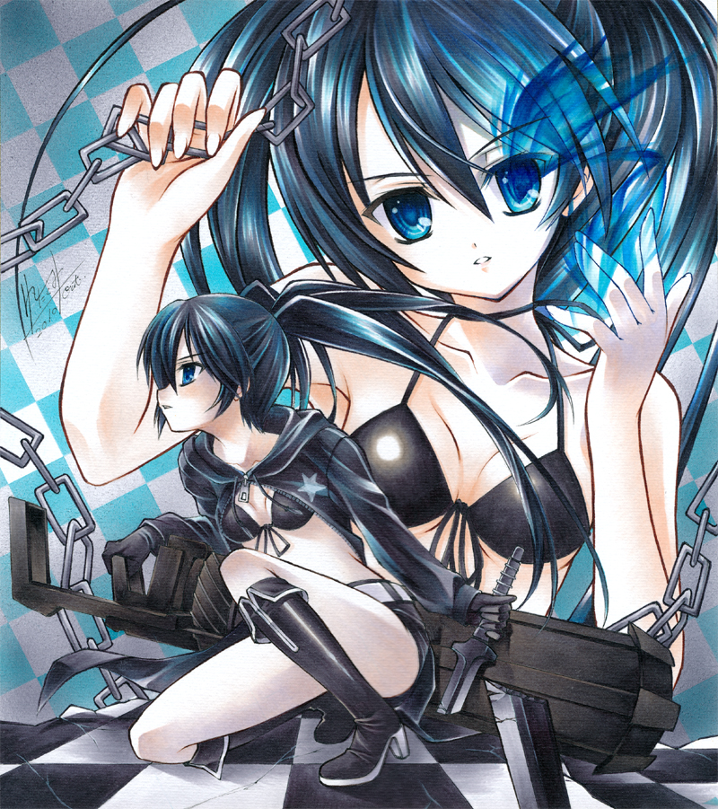 1girl 2010 belt black_bikini_top black_coat black_footwear black_gloves black_hair black_rock_shooter black_rock_shooter_(character) black_shorts blue_eyes blue_fire boots breasts broken broken_sword broken_weapon burning_eye chain checkered checkered_background cleavage coat collarbone dated eyebrows_visible_through_hair fire gloves hair_between_eyes halterneck head_tilt high_heel_boots high_heels holding holding_sword holding_weapon knee_boots long_hair looking_at_viewer open_clothes open_coat parted_lips pastel_(medium) shikishi short_shorts shorts sideboob signature small_breasts solo sword twintails underboob unzipped very_long_hair weapon white_belt yuto_takumi zipper