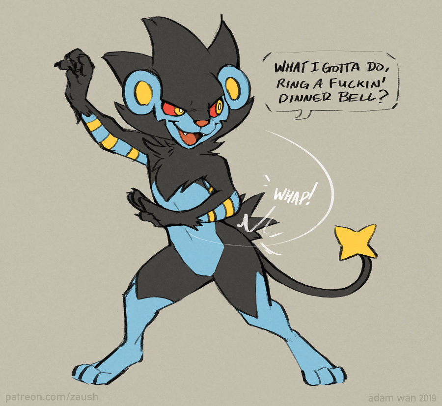 2019 ambiguous_gender anthro butt_slap dialogue english_text featureless_crotch felid fur luxray mammal mane nintendo nude pantherine pok&eacute;mon pok&eacute;mon_(species) red_sclera semi-anthro simple_background slap solo standing text url video_games zaush