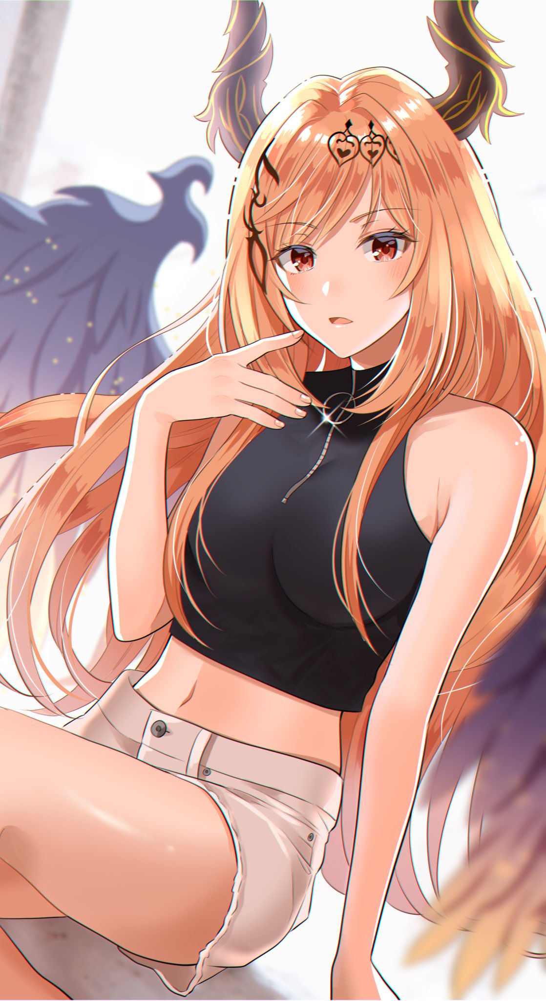 1girl bare_shoulders black_shirt casual crop_top dark_angel_olivia demon_horns granblue_fantasy hair_ornament highres horns midriff myusha navel open_mouth orange_hair red_eyes shirt short_shorts shorts sleeveless sleeveless_shirt solo wings