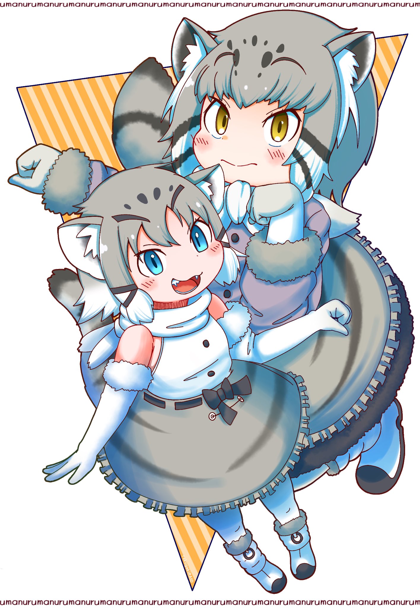 2girls :d animal_ear_fluff animal_ears artist_name bangs bare_shoulders blue_eyes blush boots cat_ears cat_tail commentary dual_persona elbow_gloves eyebrows_visible_through_hair fangs frilled_skirt frills fur-trimmed_gloves fur_trim gloves grey_hair grey_skirt high-waist_skirt highres kemono_friends looking_at_viewer multicolored_hair multiple_girls open_mouth pallas's_cat_(kemono_friends) rakugakiraid shirt simple_background skirt sleeveless sleeveless_shirt smile tail teeth v-shaped_eyebrows white_background white_gloves white_hair white_shirt yellow_eyes younger
