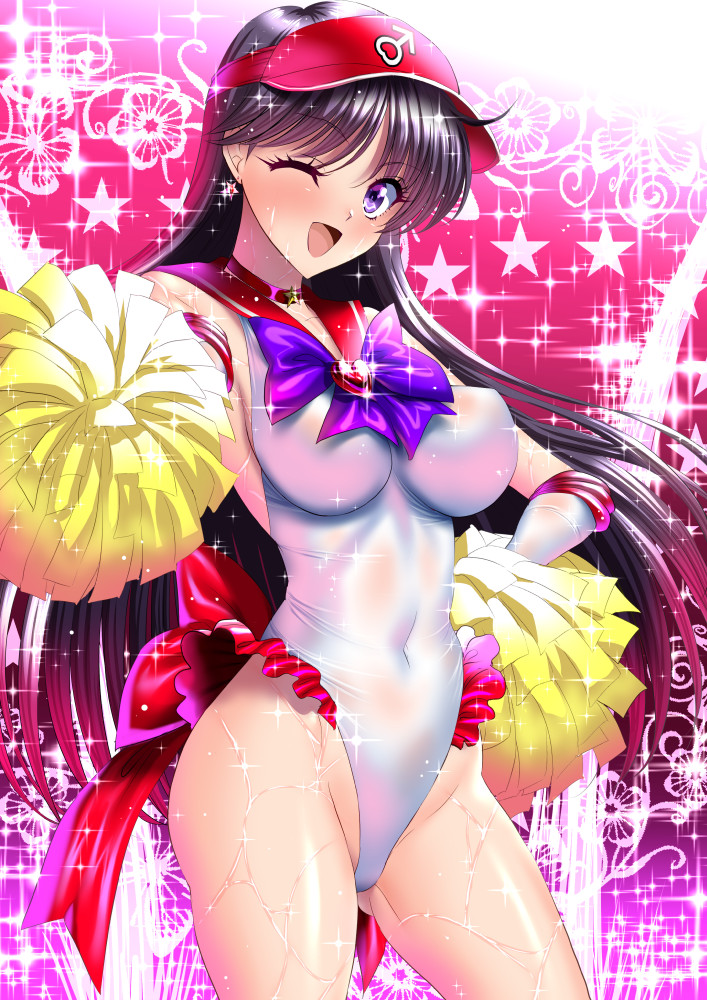 1girl adapted_costume back_bow bishoujo_senshi_sailor_moon black_hair bow cheerleader choker commentary_request elbow_gloves gloves highleg highleg_leotard hino_rei leotard long_hair looking_at_viewer mars_symbol one_eye_closed pom_poms purple_bow purple_eyes red_background red_choker red_headwear red_sailor_collar sailor_collar sailor_mars sailor_senshi_uniform sen_(sansui) shiny shiny_clothes solo sparkle_background standing star star_choker sweat visor_cap white_gloves white_leotard