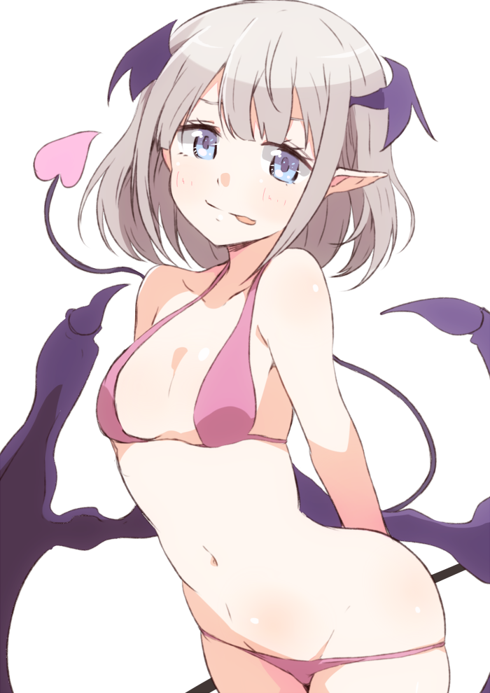1girl bangs bare_arms bare_shoulders bikini black_wings blue_eyes bow breasts closed_mouth collarbone demon_girl demon_horns demon_tail demon_wings enelis eyebrows_behind_hair grey_hair groin horns idolmaster idolmaster_shiny_colors leaning_forward licking_lips light_smile looking_at_viewer navel pink_bikini pointy_ears serizawa_asahi simple_background small_breasts solo swimsuit tail tail_raised tongue tongue_out white_background wings