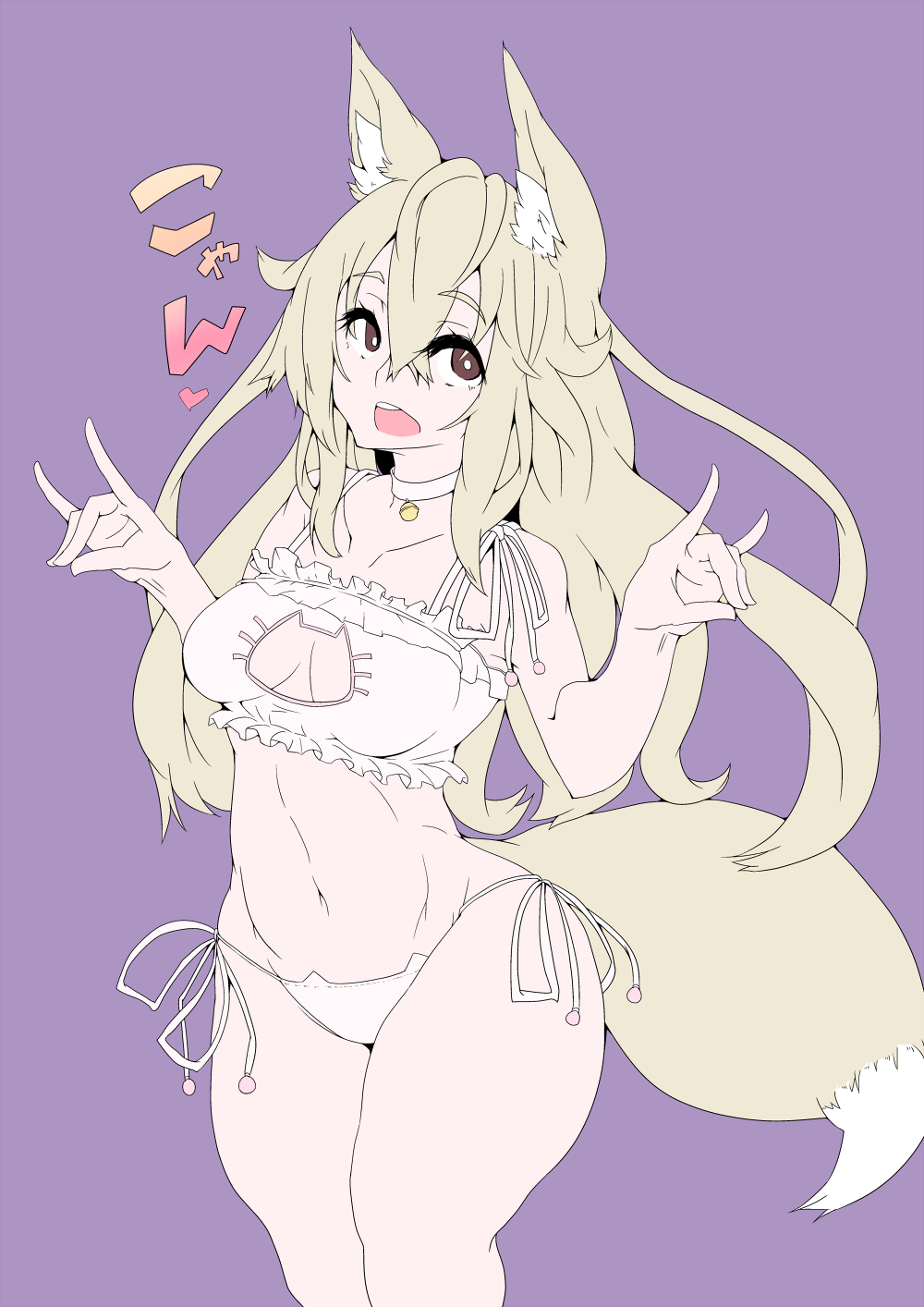 &lt;3 2016 animal_humanoid bell blonde_hair breasts brown_eyes butt canid canid_humanoid canine canine_humanoid cat_lingerie choker clothed clothing female fluffy fluffy_tail fox_humanoid hair hi_res humanoid inner_ear_fluff jewelry kitsune_sign lingerie long_hair mammal mammal_humanoid navel necklace open_mouth portrait purple_background simple_background solo three-quarter_portrait yukusasu