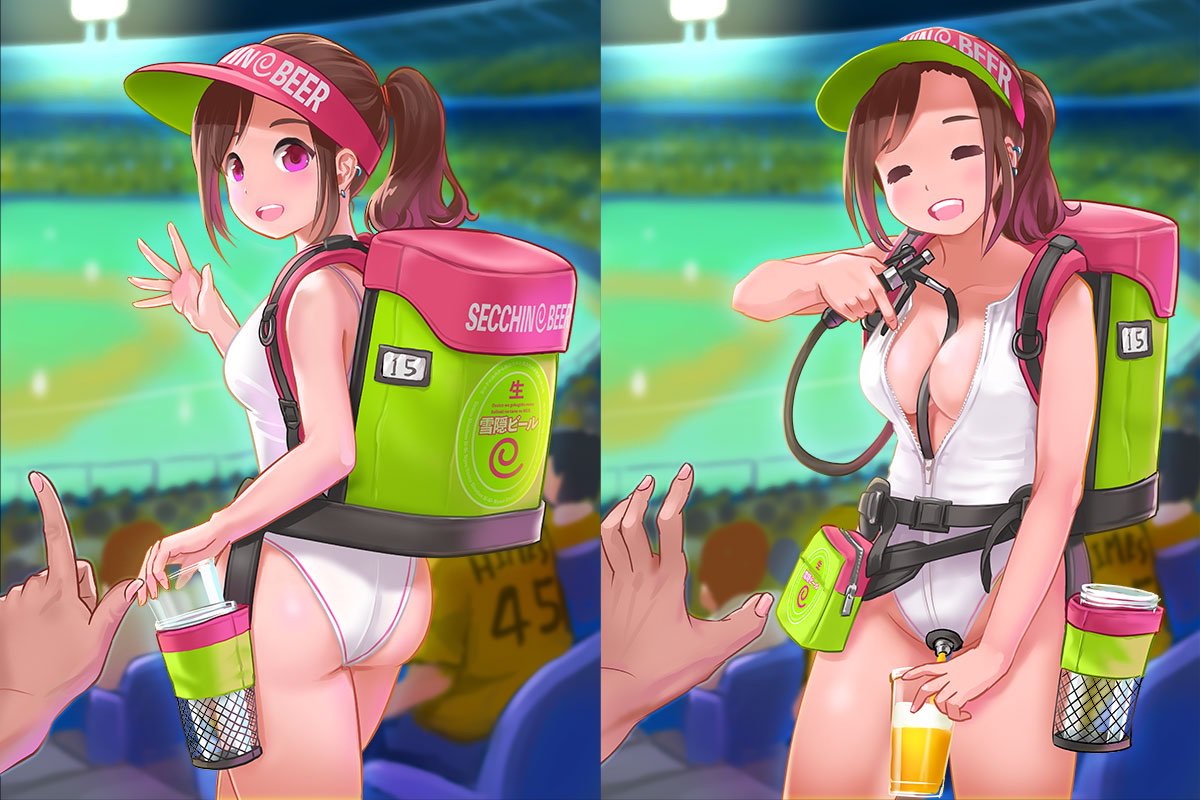 1girl alcohol beer between_breasts breasts brown_hair closed_eyes commentary cup ear_piercing fingernails himeshaga holding long_hair looking_at_viewer open_mouth original piercing ponytail pouch pov pov_hands purple_eyes teeth zipper zipper_pull_tab