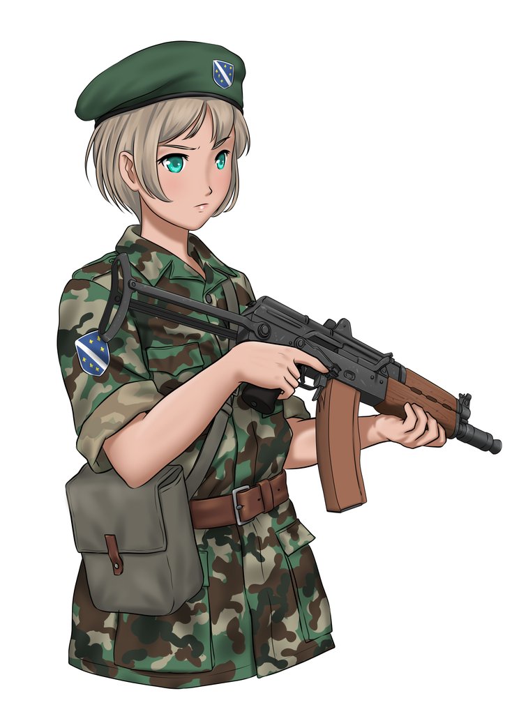 1girl bag bangs belt beret blue_eyes bosnia_and_herzegovina bosnia_and_herzegovina_flag brown_belt camouflage camouflage_jacket commentary cropped_torso english_commentary green_headwear gun hat holding holding_gun holding_weapon jacket light_brown_hair looking_to_the_side military military_jacket military_uniform millimeter original pouch serious short_hair simple_background sleeves_rolled_up solo uniform weapon white_background wing_collar woodland_camouflage
