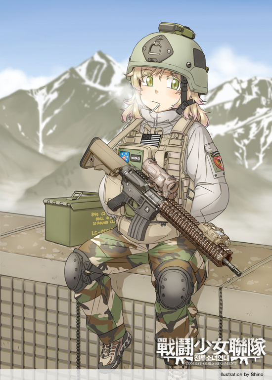 1girl american_flag ammo_box assault_rifle blonde_hair blurry blurry_background breath camouflage candy combat_girls_regiment commentary_request food green_eyes gun hands_in_pockets helmet knee_pads load_bearing_vest lollipop m4_carbine military military_uniform mountainous_horizon original outdoors rifle shino_(r_shughart) sitting solo uniform weapon