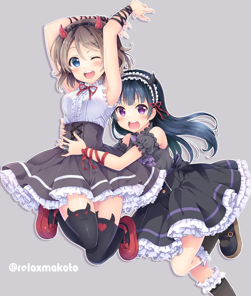 2girls :d ;d ankle_strap arms_up ascot bangs black_footwear black_legwear black_ribbon black_skirt blue_eyes blue_hair center_frills detached_sleeves fake_horns frilled_hairband frilled_skirt frills garters grey_background grey_hair grey_skirt hairband high-waist_skirt horn_band_legwear horns hug hug_from_behind jewelry jumping kneehighs long_hair looking_at_viewer love_live! love_live!_sunshine!! multiple_girls neck_ribbon one_eye_closed open_mouth outline petticoat purple_eyes purple_neckwear red_footwear red_neckwear red_ribbon ribbon ring round_teeth sakurai_makoto_(custom_size) shirt shoes short_hair simple_background skirt sleeveless sleeveless_shirt smile teeth thighhighs tsushima_yoshiko twitter_username upper_teeth v-shaped_eyebrows watanabe_you white_outline white_shirt wrist_ribbon