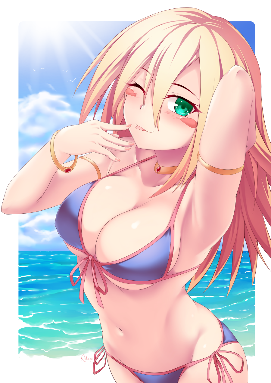 1girl bare_arms bare_shoulders beach bikini blonde_hair blue_bikini blue_sky breasts choker collarbone commentary dark_magician_girl duel_monster english_commentary green_eyes hair_between_eyes highres large_breasts long_hair looking_at_viewer navel one_eye_closed outdoors side-tie_bikini sky solo sun swimsuit thealagator tongue tongue_out water yuu-gi-ou