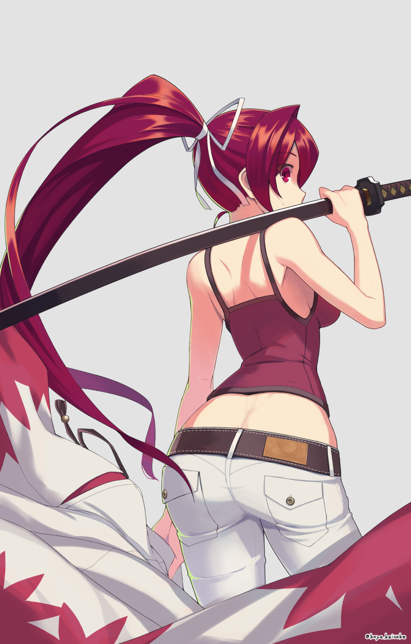 1girl ass back breasts camisole closed_mouth cowboy_shot eyebrows_visible_through_hair from_behind hair_intakes hair_ribbon highres holding holding_jacket holding_sword holding_weapon inugoya jacket jacket_removed katana koya_keisuke long_hair looking_at_viewer looking_back low-tied_long_hair midriff ootachi over_shoulder pants ponytail purple_hair red_eyes ribbon sheath sheathed smile solo standing sword sword_over_shoulder under_night_in-birth weapon weapon_over_shoulder yuzuriha_(under_night_in-birth)