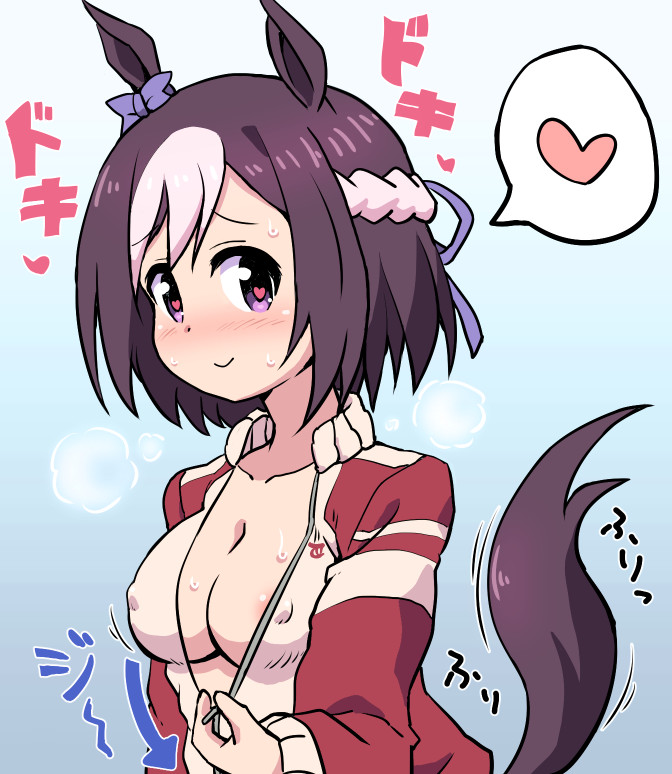 &lt;3 &lt;3_eyes 2018 animal_humanoid areola bodily_fluids breasts brown_hair cleavage clothed clothing equid equid_humanoid equine equine_humanoid female hair humanoid jacket japanese_text mammal mammal_humanoid nipple_outline open_jacket purple_eyes solo special_week_(pretty_derby) sweat tawamure text topwear uma_musume_-_pretty_derby