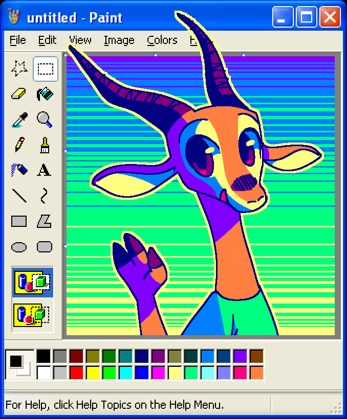 2019 ambiguous_gender antelope anthro bovid breaking_the_fourth_wall clothed clothing english_text facial_markings fuel_(artist) fuel_(character) gazelle gesture gradient_background head_markings horn looking_at_viewer mammal markings ms_paint ms_paint_challenge open_mouth open_smile outline simple_background smile solo text waving yellow_outline