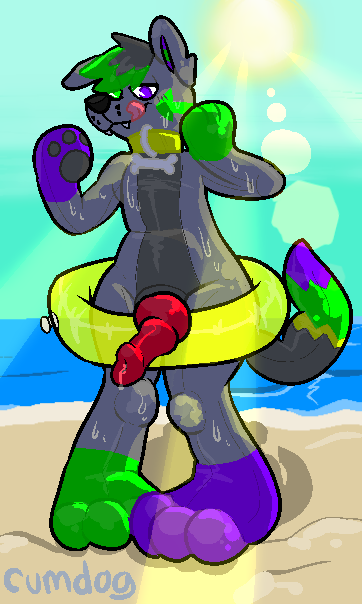 2019 3_toes animal_genitalia animal_penis animate_inanimate anthro beach bodily_fluids canid canine canine_penis canis cum cumdog digital_drawing_(artwork) digital_media_(artwork) erection genital_fluids inflatable inner_tube knot living_inflatable looking_at_viewer male mammal nozzle nude outside penis pool_toy rubber seaside smile solo sparky_(cumdog) toes tongue water