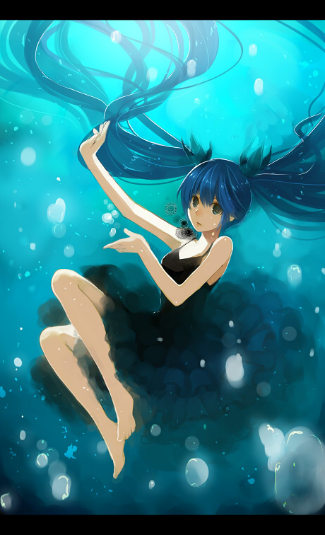 barefoot blue_hair dress floating_hair hatsune_miku long_hair shinkai_shoujo_(vocaloid) solo twintails very_long_hair vocaloid yunomachi